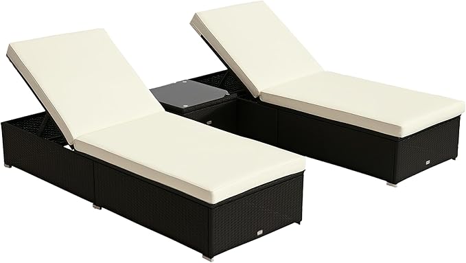 Outsunny Chaise Lounge Chair Set of 2 with 5 Angle Backrest, Outdoor Coffee Table, Water Repellent Cushions, PE Rattan Wicker Poolside Chairs, 3-Piece Pool Furniture Set, Dark Brown/Cream White