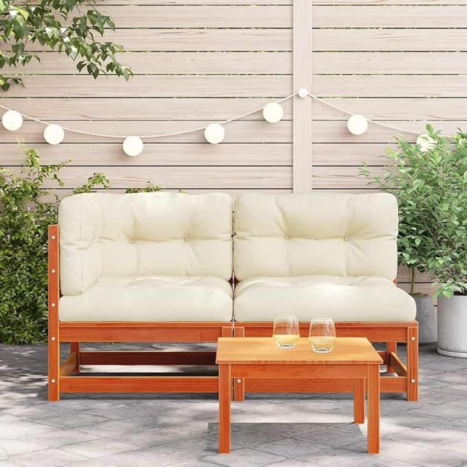 Rustic Loveseat for Outdoor Patio and Garden with Weather-Resistant Cushions and Solid Pine Wood Frame in Wax Brown and Cream
