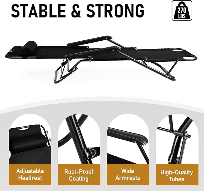 Outdoor Folding Chaise Lounge Chair, Patio Sun Lounger Reclining Beach Chair Sun Patio Pool Lawn Recliner Chair (Black)