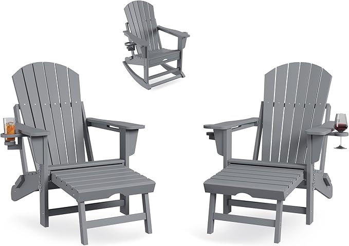 GarveeLife Adirondack Outdoor Rocking Chairs for Porch, Folding Adirondack Rocker Chair With Two Cup Holders, HDPE All Weather Outdoor Adirondacks Rocking Chair