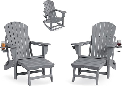 GarveeLife Adirondack Outdoor Rocking Chairs for Porch, Folding Adirondack Rocker Chair With Two Cup Holders, HDPE All Weather Outdoor Adirondacks Rocking Chair