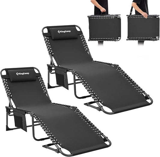 KingCamp Folding Outside Patio Lounge Chair Adjustable 5-Position Adults Reclining Folding Chaise with Pillow, for Patio, Pool, Beach, Sunbathing, Deck, Lawn,2 Packs, Black