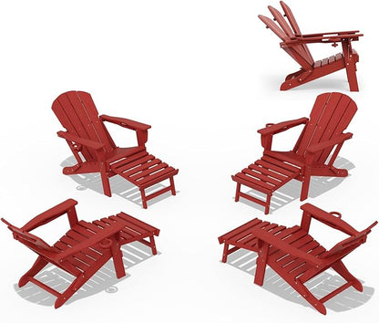 LOUNZY Folding Adjustable Adirondack Chair with Footrest Set of 4,HDPE Recliner Adirondack Chair with Cup Holder for Deck Lawn Fire Pit,Red