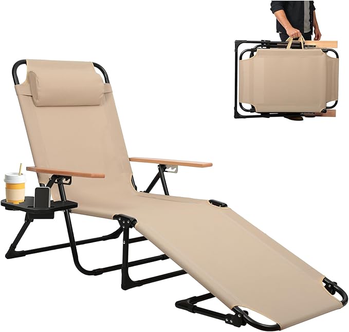Foldable Chaise Lounge Chair Outdoor, 4-Position Reclining Outdoor Lounge Chairs with Wooden Armrest - Photo 1