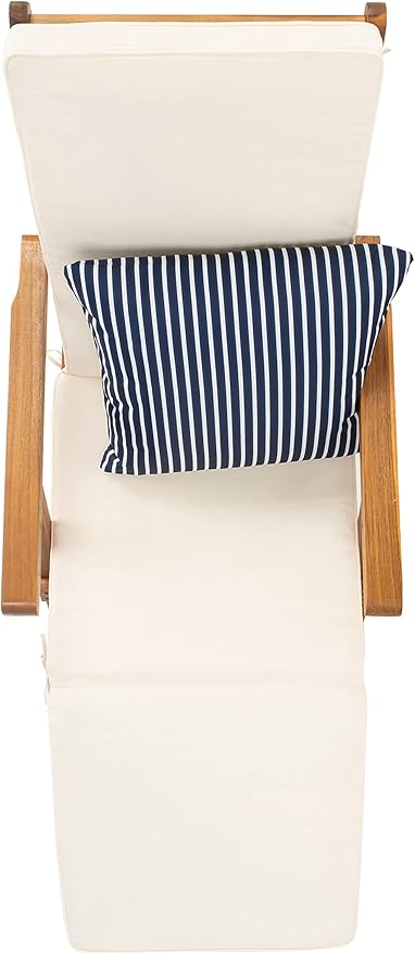 SAFAVIEH Outdoor Collection Palmdale Natural Brown Solid Wood/Beige Cushion with Striped Pillow Chaise Lounge Chair (PAT7015E)