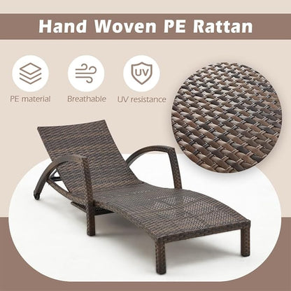 Chaise Lounge Chairs Outdoor Set of 2, Comfy Outside Wicker Patio Pool Lounge Chair w/ 5 Adjustable Back Angle, Cup Holder, Thicken Cushion