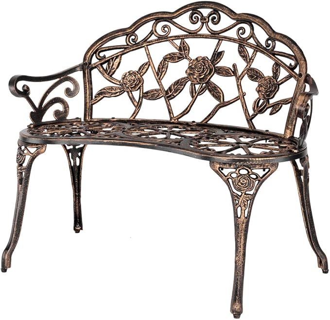 Outdoor Bench, Patio Outdoor Garden Bench Cast Aluminum Metal Loveseat Chairs for Park, Yard, Porch, Lawn, Balcony, Backyard, Floral Rose Accent Seat Furniture (Gold)