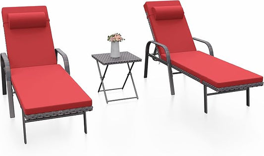 Kurapika Patio Chaise Lounge Set 3 Pieces Outdoor Lounge Chair, Rattan Reclining Chair Adjustable Backrest, Pool Sunbathing Recliners with Folding Table for Poolside Beach, Red