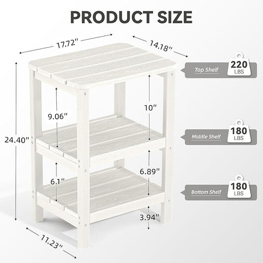 3 Tier Outdoor Side Table Adirondack Side Table HDPE End Table Patio Side Table Rectangle Tables for Outdoor Backyard Garden Balcony (Retro, White)