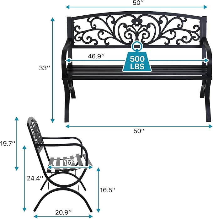 Dkelincs Outdoor Benches Memorial 50" Extra Wide Patio Park Metal Waterproof Garden Bench with Armrests Arched Legs Floral Backrest for Outside Porch Backyard Park,Black