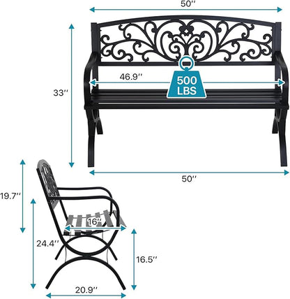Dkelincs Outdoor Benches Memorial 50" Extra Wide Patio Park Metal Waterproof Garden Bench with Armrests Arched Legs Floral Backrest for Outside Porch Backyard Park,Black