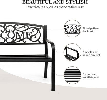 VINGLI Outdoor Bench with PVC Welcome Back Pattern, Rust-Resistant Metal Black Garden Bench, Porch Steel Bench for Patio, Porch, Park, Lawn Decor