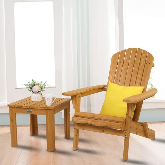 VINGLI Folding Wooden Adirondack Chair and Table Set Lounger 350 LBs Support Fire Pit Seating Natural Finished Weather Resistant Indoor Outdoor Furniture