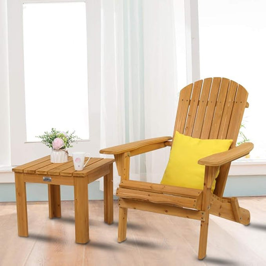 VINGLI Folding Wooden Adirondack Chair and Table Set Lounger 350 LBs Support Fire Pit Seating Natural Finished Weather Resistant Indoor Outdoor Furniture