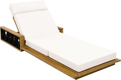 Merax Acacia Wood Patio Chaise Lounge with 4-Position Adjustable Backrest, Outdoor Sunbathing Recliner Chair & 4" Thick Four-fold Cushion for Poolside, Garden, Backyard, Patio, Cream