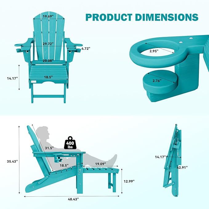 Mdeam 3-Level Adjustable Adirondack Chair with Retractable Ottoman, HDPE All-Weather Folding Fire Pit Chair with 2 Cup Holders, Outdoor Chair for Deck Patio Garden Backyard Lawn (Aruba Blue)