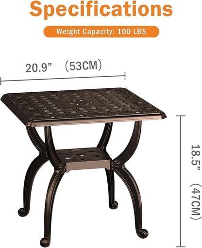 Square Outdoor Coffee Table Set of 2, Cast Aluminum Side Table with Storage,Indoor End Table, All-Weather Bistro Table for Patio Garden Lawn, Bronze