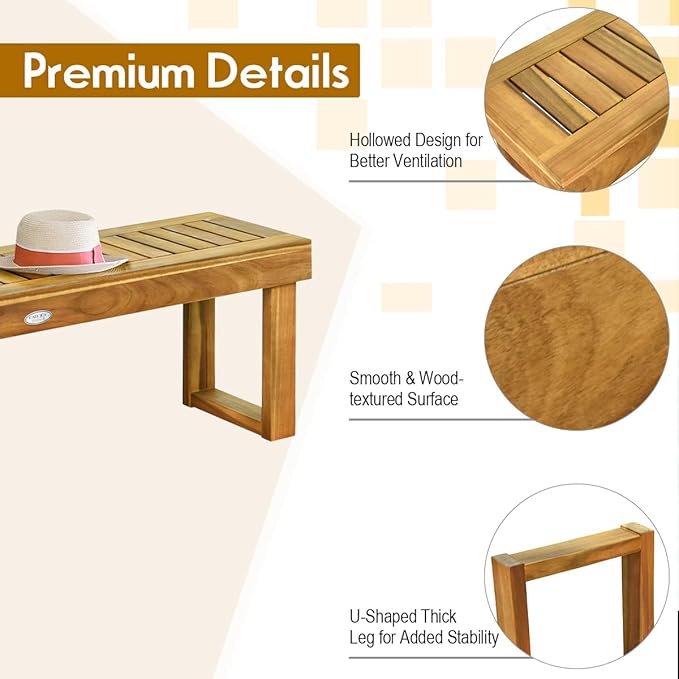Tangkula 52" Acacia Wood Outdoor Bench, Wood Patio Dining Bench with Slatted Seat, Wooden Backless Garden Bench for Outdoors & Indoors, Outside Bench for Entryway, Deck, Poolside, Yard & Porch