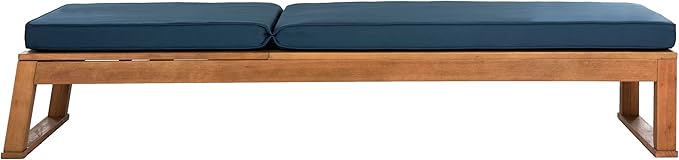 SAFAVIEH Outdoor Collection Solano Natural Brown Solid Wood/Navy Blue Cushion Patio Adjustable Chaise Lounge Chair (PAT7024C)