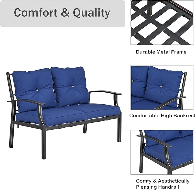 LOKATSE HOME Outdoor 2 Pcs Patio Loveseat Bench with Thick Cushions Coffee Table Metal Furniture Set Sofa for Garden Poolside Balcony