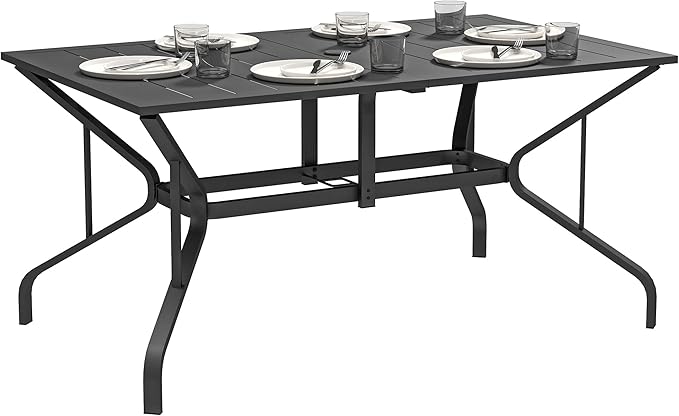 Outsunny Rectangle Outdoor Dining Table for 6 People, Steel Rectangular Patio Table with Umbrella Hole - Photo 1