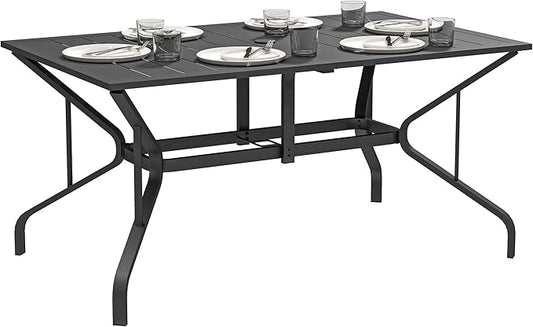 Outsunny Rectangle Outdoor Dining Table for 6 People, Steel Rectangular Patio Table with Umbrella Hole, Steel Frame for Garden, Balcony, Black