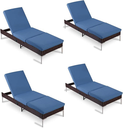 HOMREST Outdoor Lounge Chairs Set of 4, Patio Wicker Chaise Lounge with Removable Cushion, Rattan Pool Sunbathing Recliners with Adjustable Backrest (Navy Blue)