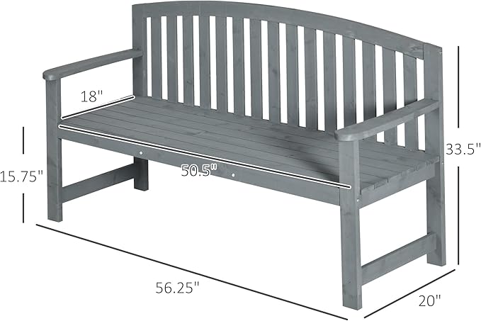 Outsunny 56" Outdoor Wood Bench, 2-Seater Garden Bench with Backrest and Armrest, Patio Bench for Patio, Porch, Poolside, Balcony, Gray