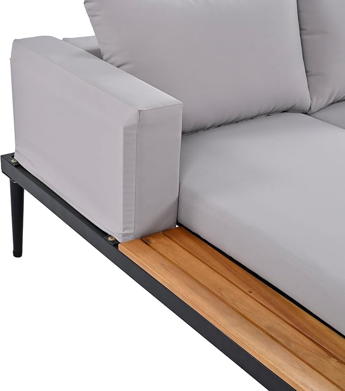 2 in 1 Outdoor Padded Chaise Lounges, Patio Metal Daybed with Wood Topped Side Spaces for Drinks - Photo 5
