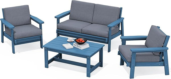 SERWALL 4 Piece HDPE Outdoor Furniture Set, All Weather Wood-Like Outdoor Sofa Sectional Couch - Photo 1
