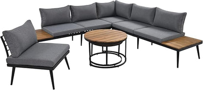 Quarte Modern Patio Furniture Set, 6-Piece Outdoor Sectional Sofa Set with Round Nesting Coffee Tables and Seating Sofa with Cushions for Patio, Porch Garden (Grey+C)