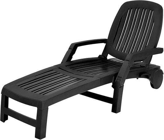 Tangkula Outdoor Chaise Lounge Chair, 5-Position Adjustable Recliner with Storage Box and Flexible Wheels, All-Weather Folding Patio Lounge Chair for Poolside, Beach and Backyard (1, Black)