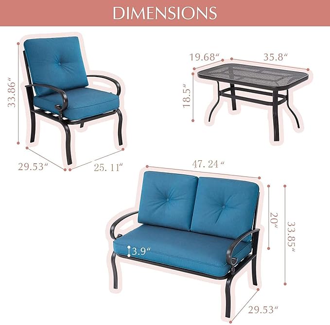Outdoor Furniture Patio Conversation Set Loveseat, 2 Chairs, Coffee Table with Cushion, Lawn Front Porch Garden - Photo 6