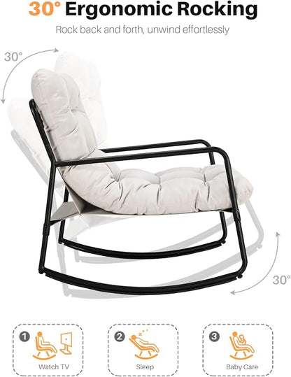 Outdoor Rocking Chair, Metal Patio Rocking Chair, Indoor Rocking Chair with Cushion, Papasan Rocking Lounge Chair, Comfy Modern Rocker Chair for Porch, Living Room, Garden, Backyard, Off-White