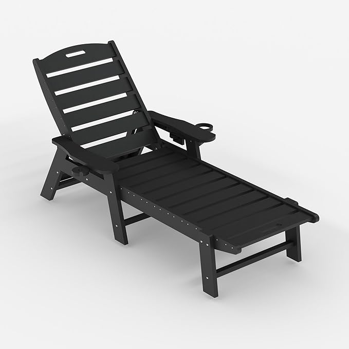 HDPE 5-Position Outdoor Chaise Lounge Chair with Cup Holder, Resin Pool Lounge Chair for Outside, Adjustable HDPE Patio Lounger for Poolside, Patio, and Garden, Black