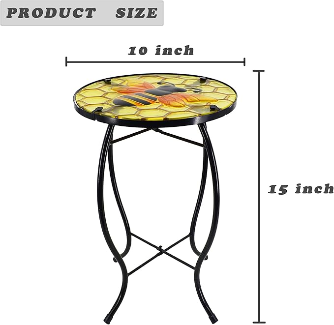 Bee Patio Side Table, Small Patio Outdoor Side Table, Plant Table,Metal Glass End Table for Porch Garden Yard Pool.