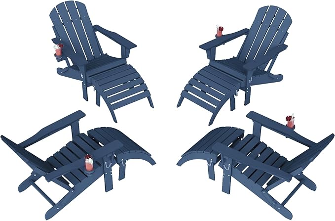 Adirondack Chair with Footrest Set of 4,Folding Adirondack Chair with Retractable Ottoman Set,HDPE All Weather Fire Pit Chair with Cup Holder,8-Piece(Navy Blue, 4 Chair & 4 footrest)