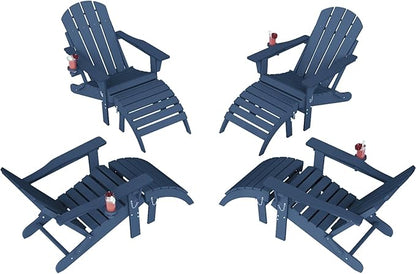 Adirondack Chair with Footrest Set of 4,Folding Adirondack Chair with Retractable Ottoman Set,HDPE All Weather Fire Pit Chair with Cup Holder,8-Piece(Navy Blue, 4 Chair & 4 footrest)