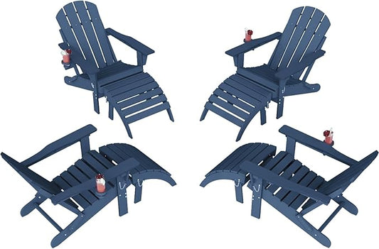 Adirondack Chair with Footrest Set of 4,Folding Adirondack Chair with Retractable Ottoman Set,HDPE All Weather Fire Pit Chair with Cup Holder,8-Piece(Navy Blue, 4 Chair & 4 footrest)