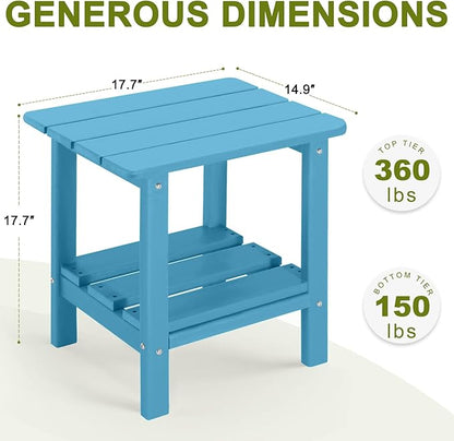 Set of 2 Outdoor Side Table, 2-Tier Small Patio End Table, Weather Resistant HDPE Adirondack Outdoor End Tables for Garden, Lawn, Pool, Beach, Porch, Deck, Backyard - Square, Turquoise