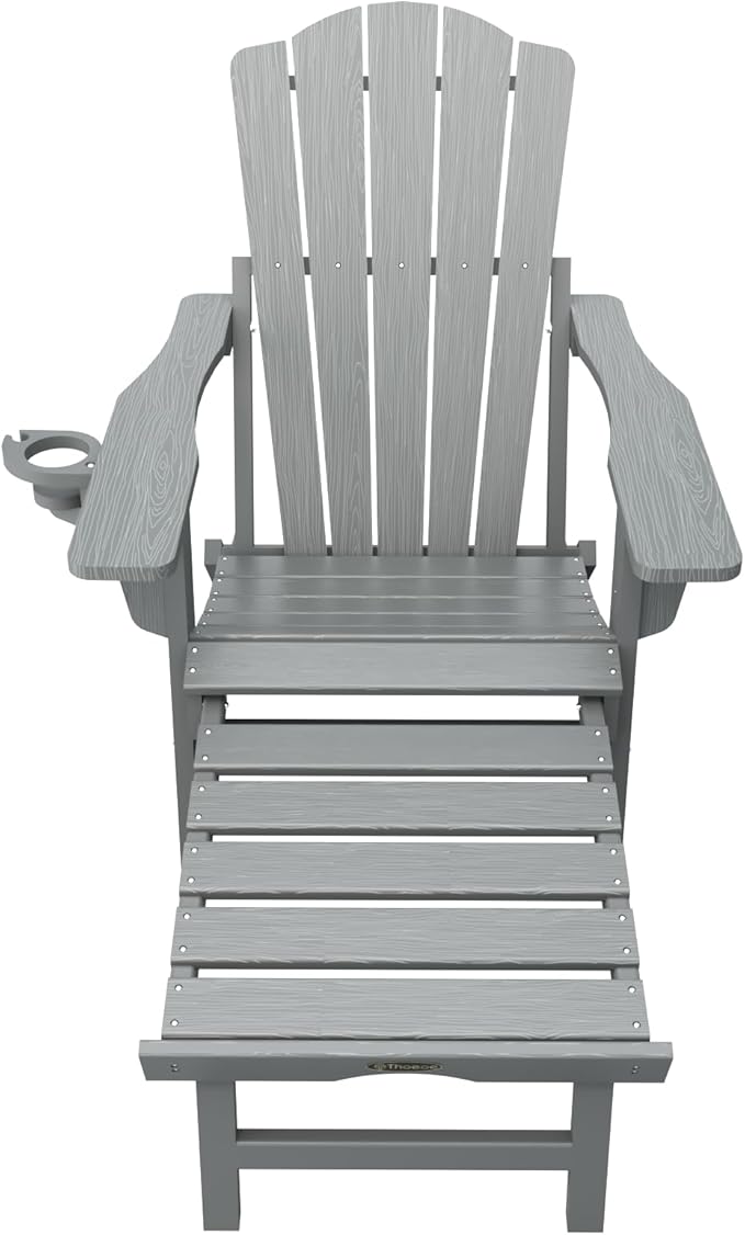 Adjustable Adirondack Chairs with Retractable Ottoman, HDEP Folding Adirondack Chair with Footrest & Cup Holder, All Weather Fire Pit Chair for Outdoor,Grey