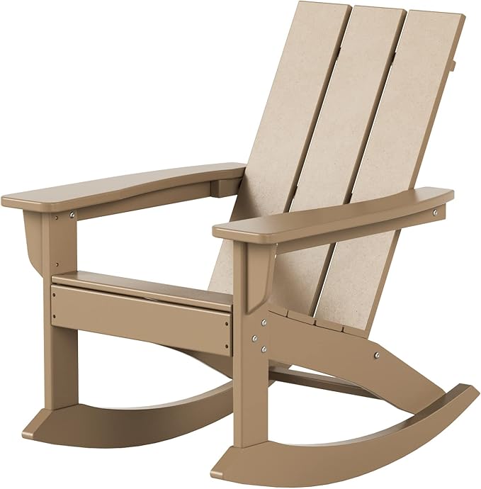 WestinTrends Ashore Patio Rocking Chair, All Weather Poly Lumber Plank Adirondack Rocker Chair, Modern Farmhouse Outdoor Rocking Chairs for Porch Garden Backyard and Indoor, Weathered Wood