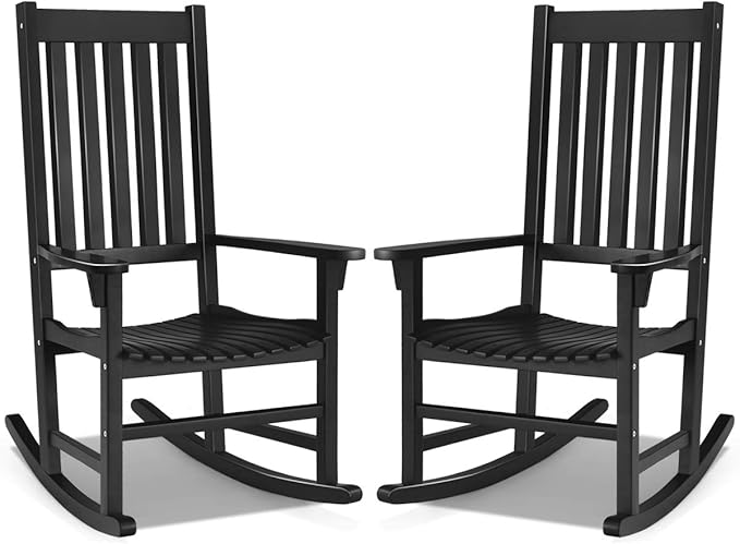Giantex Rocking Chair Acacia Wood Frame Outdoor& Indoor for Garden, Lawn, Balcony, Backyard and Patio Porch Rocker (2, Black)