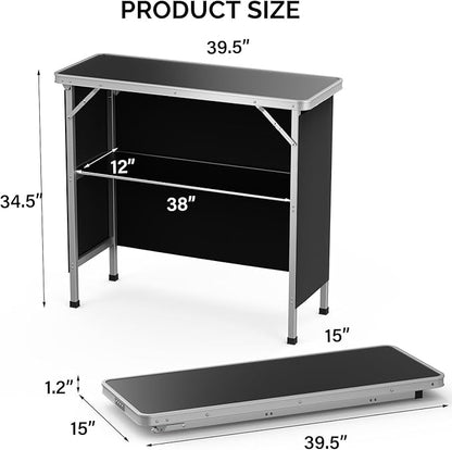 VINGLI 39" Portable Bar Table, Mobile Bar Table for Events, Party, Camping, Picnic, Tradeshow, Outdoor & Indoor with Black Skirt Carry Bag（Black）