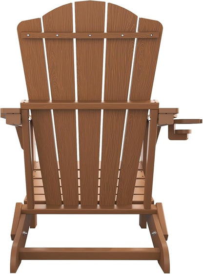 Folding Adirondack Chair Set of 2,HDPE All-Weather Outdoor Chair with Cup Holder,Wooden Textured,Fire Pit Chair,Plastic Patio Chair for Deck,Backyard,Garden,Lawn(Wood)