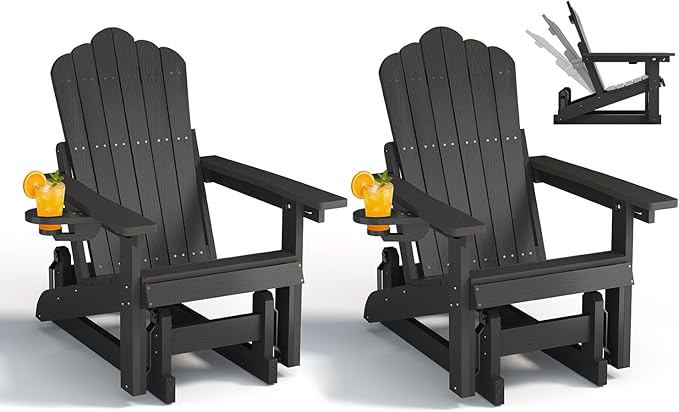 HDPE Outdoor Glider Chair Set of 2,3-Position Adjustable Backrest Patio Glider, All-Weather Glider Rocker Chair with Cup Holders,Porch Glider for Outside,Fire Pit, Poolside,400LBS Capacity (Black)
