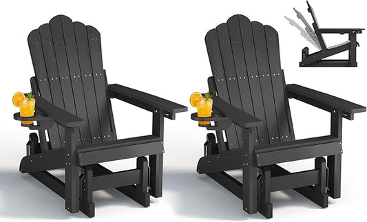 HDPE Outdoor Glider Chair Set of 2,3-Position Adjustable Backrest Patio Glider, All-Weather Glider Rocker Chair with Cup Holders,Porch Glider for Outside,Fire Pit, Poolside,400LBS Capacity (Black)