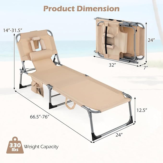 GYMAX Tanning Chair with Face Hole, Sun Bathing Lounge Chairs for Outside with Side Pocket - Photo 3