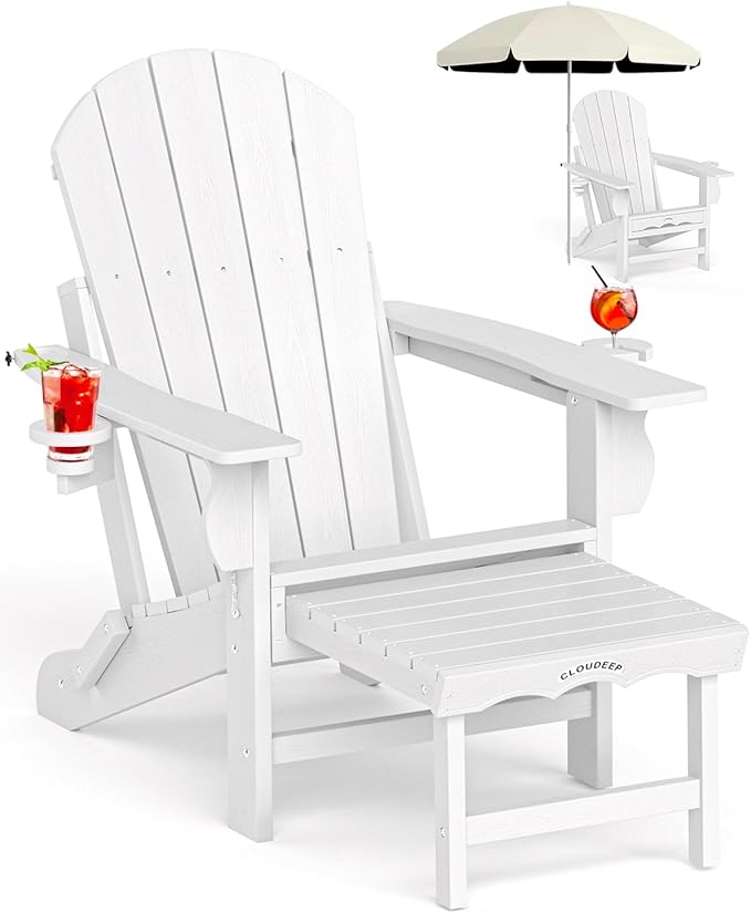 Folding Adirondack Chair with Ottoman, Recyclable HDPE Adirondack Patio Chair with 2 Cup Holder, Outdoor Fire Pit Chairs with Pull Out Footrest, Weather Resistant for Garden, Deck, Poolside, White