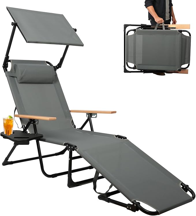Foldable Chaise Lounge Chair Outdoor, 4-Position Reclining Outdoor Lounge Chairs with Wooden Armrest - Photo 1